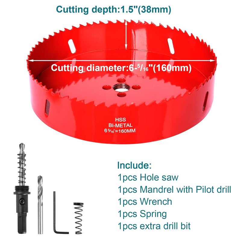 Allwin 6-5/16 Inch / 160mm Hole Saw for Wood, Plastic Board, Ceiling,Drywall, and Metal Sheet - HSS Bi-Metal Hole Cutter with Pilot Drill Bit - Image 2